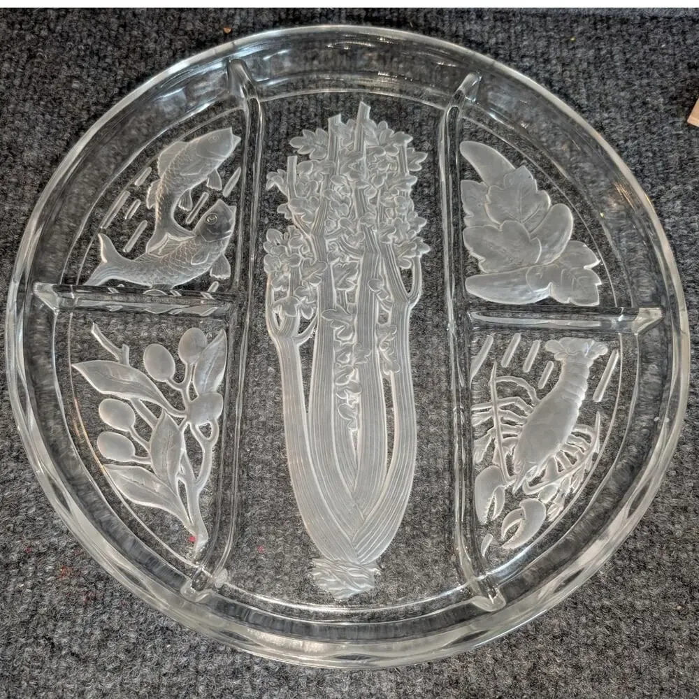 Vintage Indiana Glass Etched Frosted Intaglio Divided 10